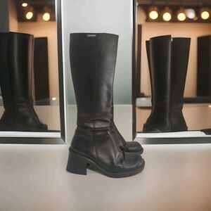 Vintage Mustang Platform Boots Size 6 EU 37 Black Square Toe Block Heel 90s Y2K